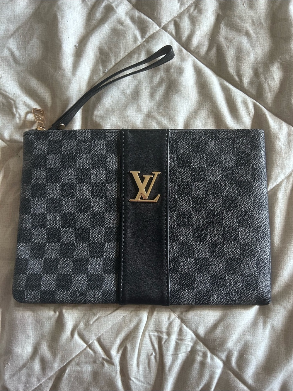 Louis Vuitton Black and Gray Damier Wristlet Clutch with Gold LV Emblem